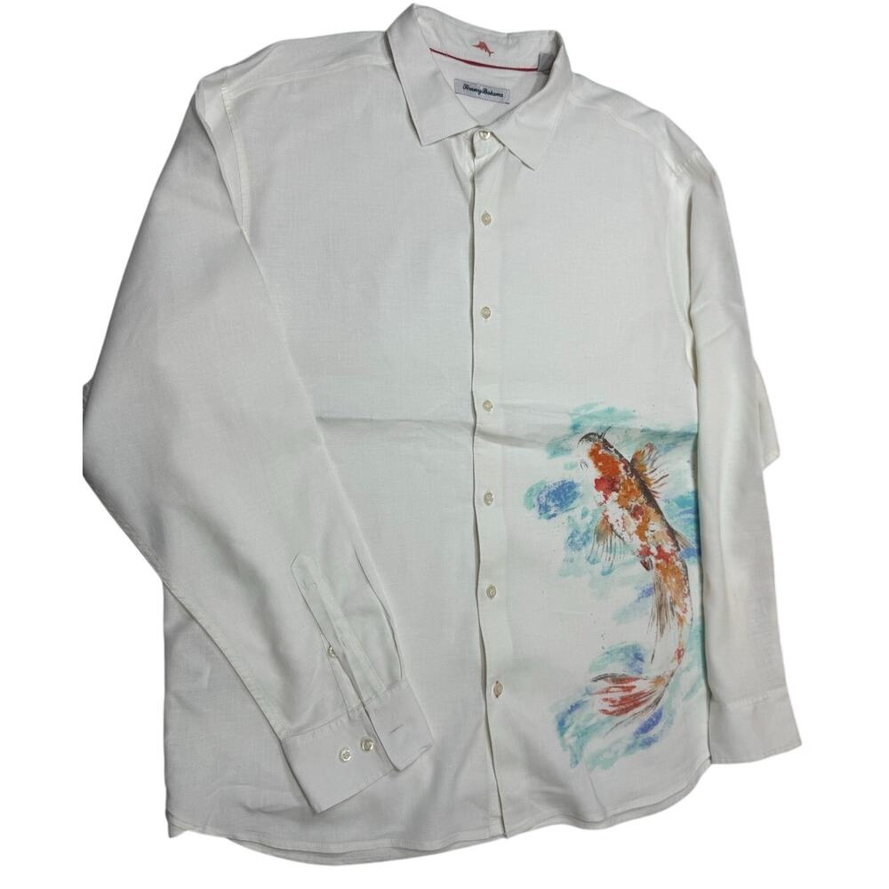 Tommy Bahama Linen Long-Sleeve Button-Down Shirt Size XL Koi Fish Graphic